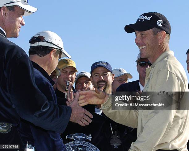 Jonathan Kaye celebrates after final round competition February 1, 2004 at the 2004 FBR Open at the Tournament Players Club at Scottsdale, Arizona....