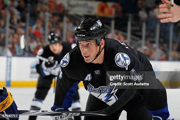 Vincent Lecavalier of the Tampa Bay Lightning prepares for the face-off against the Buffalo Sabres at the St. Pete Times Forum on March 18, 2010 in...