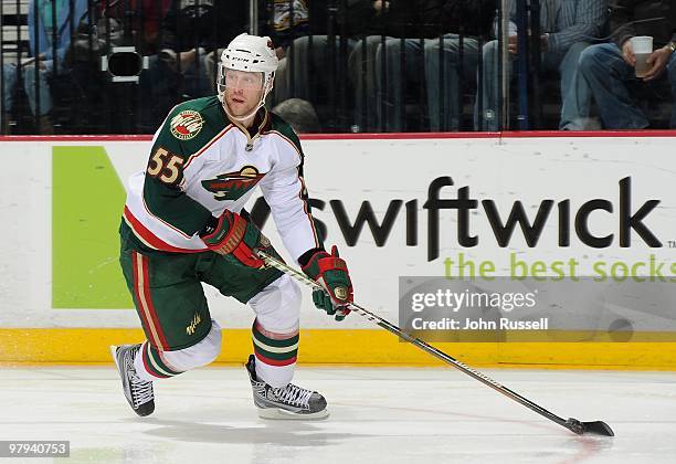 Nick Schultz of the Minnesota Wild skates against the Nashville Predators on March 18, 2010 at the Bridgestone Arena in Nashville, Tennessee.