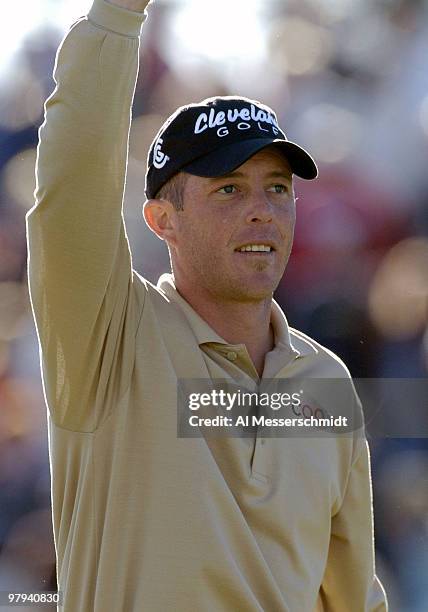 Jonathan Kaye pumps his fist on the 18th green after final round competition February 1, 2004 at the 2004 FBR Open at the Tournament Players Club at...