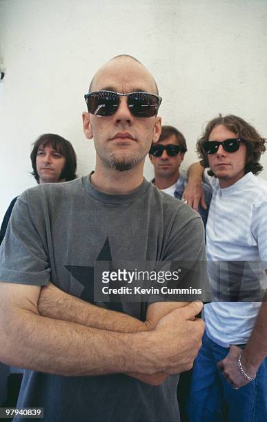 Group portrait of American band REM. Left to right are guitarist Peter Buck, singer Michael Stipe, drummer Bill Berry and bassist Mike Mills in Los...