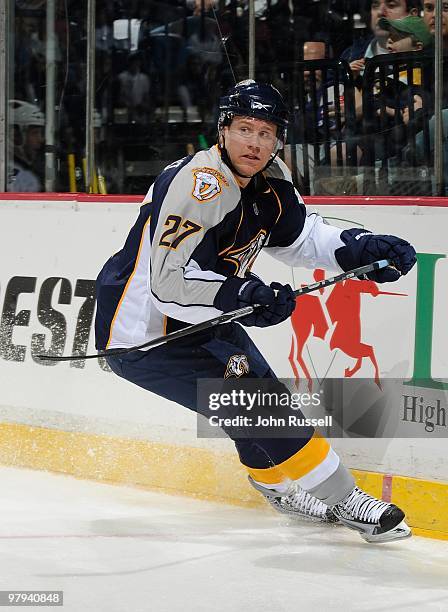 Patric Hornqvist of the Nashville Predators skates against the Minnesota Wild on March 18, 2010 at the Bridgestone Arena in Nashville, Tennessee.