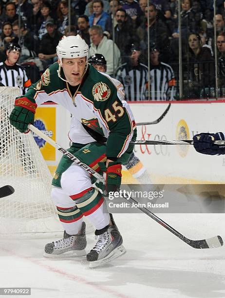 Cam Barker of the Minnesota Wild skates against the Nashville Predators on March 18, 2010 at the Bridgestone Arena in Nashville, Tennessee.