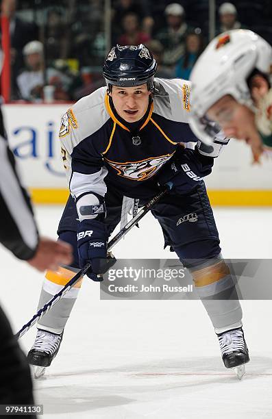 Jordin Tootoo of the Nashville Predators skates against the Minnesota Wild on March 18, 2010 at the Bridgestone Arena in Nashville, Tennessee.