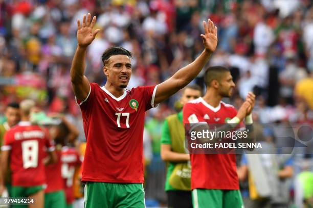Morocco's defender Nabil Dirar reacts at the end of the Russia 2018 World Cup Group B football match between Portugal and Morocco at the Luzhniki...