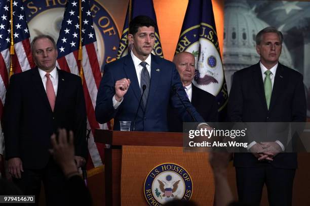 Speaker of the House Rep. Paul Ryan speaks as House Majority Whip Rep. Steve Scalise , House Ways and Means Committee Chair Rep. Kevin Brady , and...