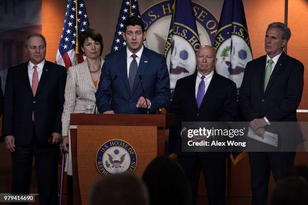 Speaker of the House Rep. Paul Ryan speaks as House Majority Whip Rep. Steve Scalise , House Republican Conference Chair Cathy McMorris Rodgers ,...