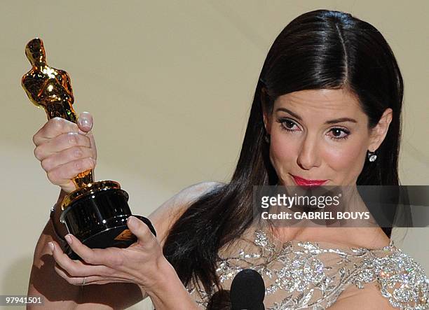 Winner for Best Actress in a Leading Role Sandra Bullock gives her acceptance speech at the 82nd Academy Awards at the Kodak Theater in Hollywood,...