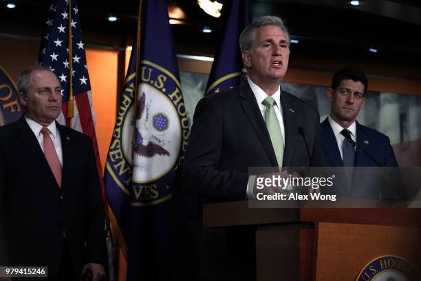 House Majority Leader Rep. Kevin McCarthy speaks as Speaker of the House Rep. Paul Ryan and House Majority Whip Rep. Steve Scalise listen during a...