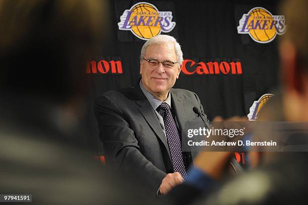 Head coach Phil Jackson of the Los Angeles answers questions during a press conference after becoming the winningest coach in team history following...