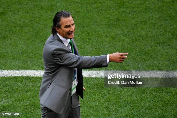 Juan Antonio Pizzi, Head coach of Saudi Arabia gestures during the 2018 FIFA World Cup Russia group A match between Uruguay and Saudi Arabia at...