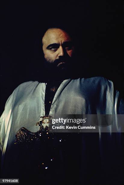 Greek singer Demis Roussos performs on stage at the Belle Vue in Manchester, England on October 17, 1976.