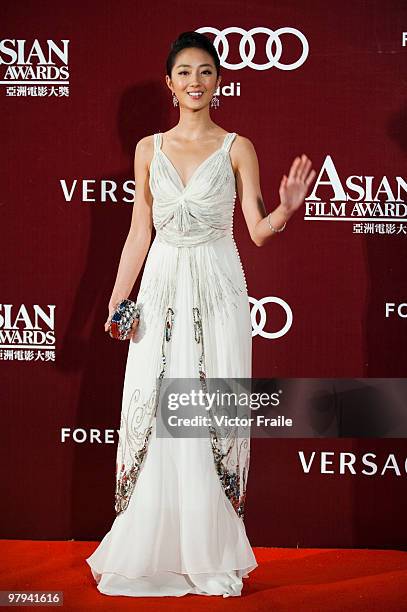 Taiwanese actress Guey Lun-mei poses on the red carpet for the 4th Asian Film Awards ceremony at the Convention and Exhibition Centre on March 22,...