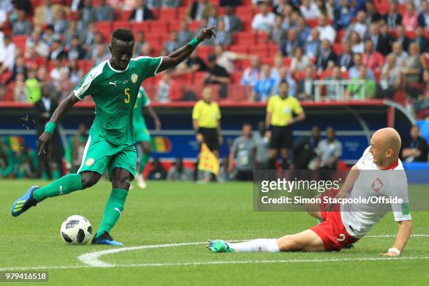 Idrissa Gueye of Senegal scores their 1st goal which is later ruled as an own goal by Thiago Rangel Cionek of Poland during the 2018 FIFA World Cup...