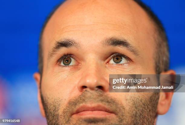 Andres Iniesta of Spain looks on during a press Conference before match 18 Between Iran & Spain at Kazan Arena on June 19, 2018 in Kazan, Russia.