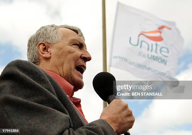 General Secretary of Unite Tony Woodley addresses striking British Airways cabin crew on the final day of a three-day strike near London Heathrow...