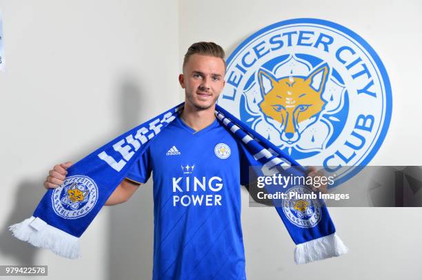 Leicester City unveil new signing James Maddison at Belvoir Drive Training Complex on June 18 , 2018 in Leicester, United Kingdom.