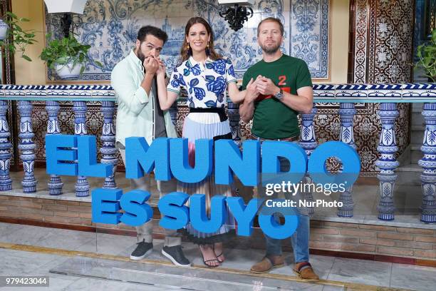 Alfonso Sanchez, Mar Saura and Alberto Lopez attend the 'El Mundo Es Suyo' photocall at La Giralda Restaurant on June 20, 2018 in Madrid, Spain