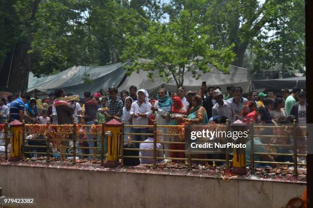 Kashmiri Hindu devotees pray during the annual festival of Mata Kheer Bhawani in Tulmula village of Ganderbal district, 25 Km east of Srinagar, the...