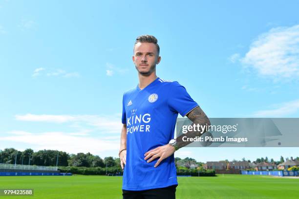 Leicester City unveil new signing James Maddison at Belvoir Drive Training Complex on June 18 , 2018 in Leicester, United Kingdom.