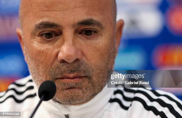 Jorge Sampaoli coach of Argentina looks on during a press conference at Nizhny Novgorod Stadium on June 20, 2018 in Nizhniy Novgorod, Russia.