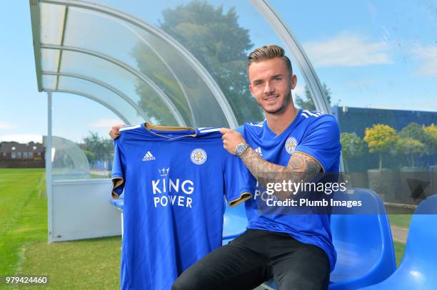 Leicester City unveil new signing James Maddison at Belvoir Drive Training Complex on June 18 , 2018 in Leicester, United Kingdom.