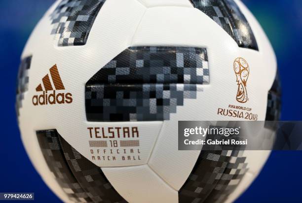 Detail of the official match ball during apress conference at Nizhny Novgorod Stadium on June 20, 2018 in Nizhniy Novgorod, Russia.