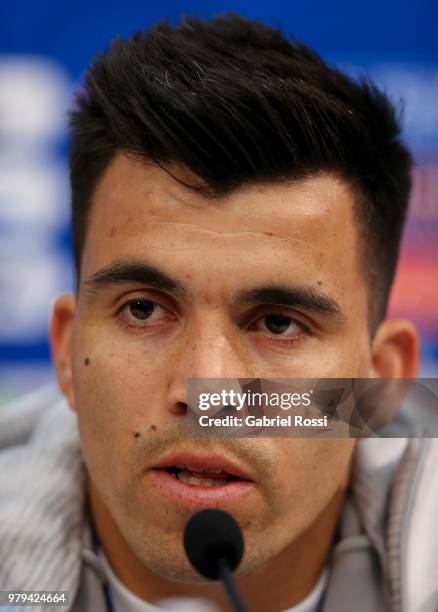 Marcos Acuna of Argentina speaks during apress conference at Nizhny Novgorod Stadium on June 20, 2018 in Nizhniy Novgorod, Russia.