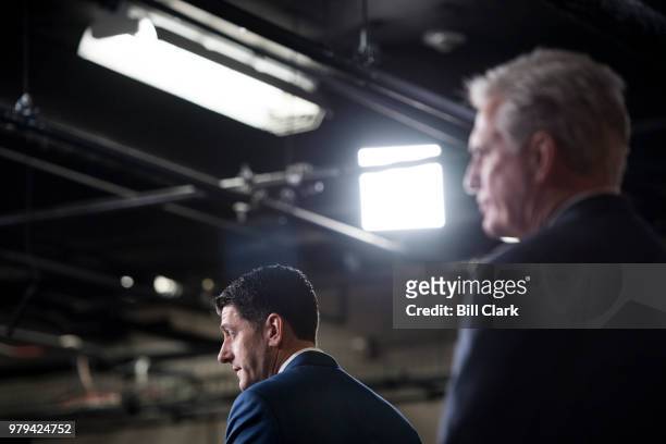 Speaker of the House Paul Ryan, R-Wisc., left, speaks as House Majority Leader Kevin McCarthy, R-Calif., listens during the House GOP leadership...