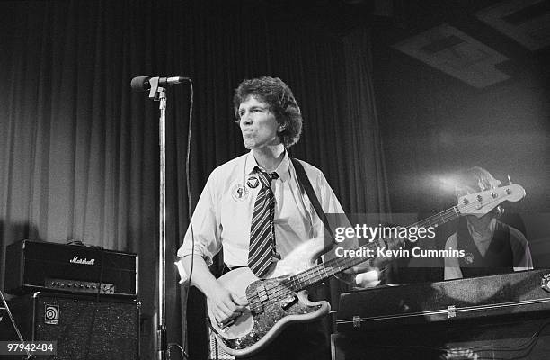 Singer and bassist Tom Robinson of the Tom Robinson Band performs on stage at the Middleton Civic Hall in Manchester, England on October 05, 1977.