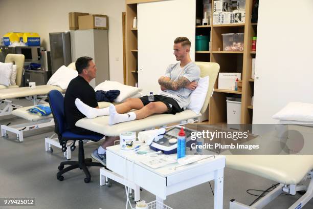 New Leicester City signing James Maddison during his medical with Head of Physio Dave Rennie at Belvoir Drive Training Complex on June 18 , 2018 in...