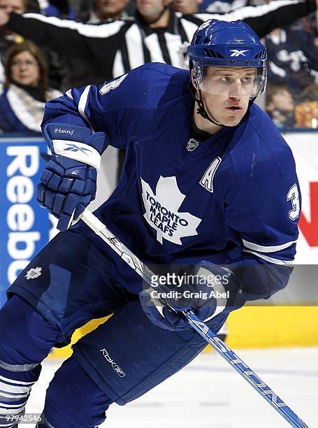 Dion Phaneuf of the Toronto Maple Leafs skates during the game against the Montreal Canadiens on March 20, 2010 at the Air Canada Centre in Toronto,...