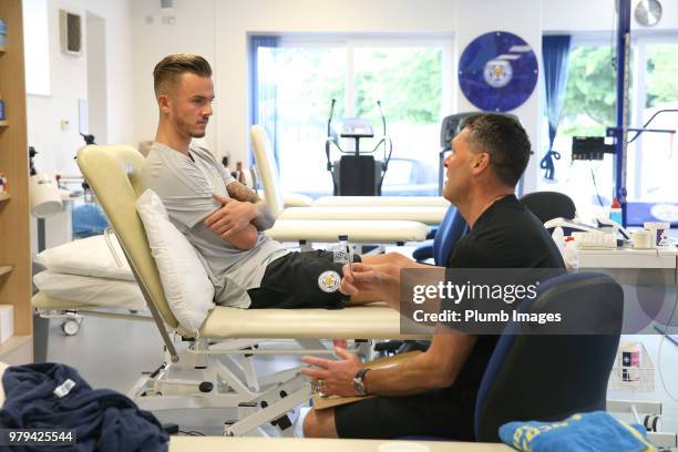 New Leicester City signing James Maddison during his medical with Head of Physio Dave Rennie at Belvoir Drive Training Complex on June 18 , 2018 in...