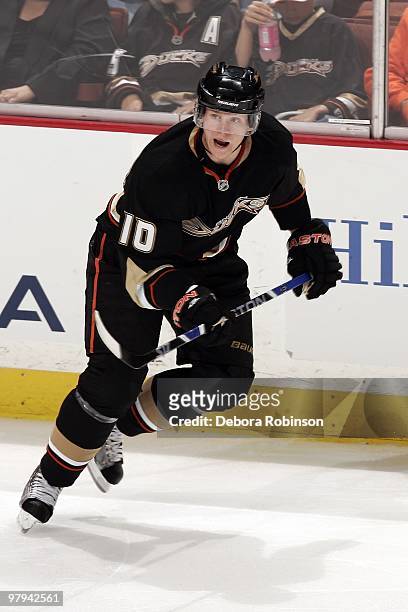 Corey Perry of the Anaheim Ducks skates on the ice during the game against the Colorado Avalanche on March 21, 2010 at Honda Center in Anaheim,...