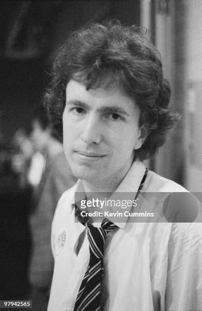 Singer and bassist Tom Robinson of the Tom Robinson Band backstage at the Middleton Civic Hall in Manchester, England on October 05, 1977.