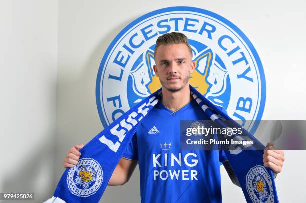 Leicester City unveil new signing James Maddison at Belvoir Drive Training Complex on June 18 , 2018 in Leicester, United Kingdom.