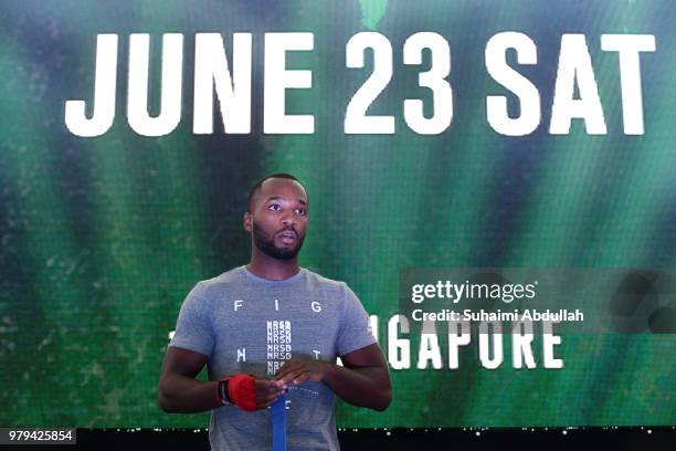 Leon Edwards of Jamaica participates in the UFC Fight Night Open Workout at OCBC Square on June 20, 2018 in Singapore.