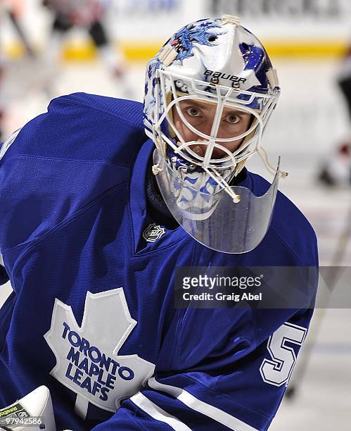 Jonas Gustavsson of the Toronto Maple Leafs looks on during warm up prior to the game against the New Jersey Devils on March 18, 2010 at the Air...
