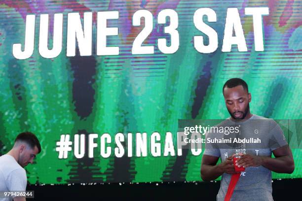 Leon Edwards of Jamaica participates in the UFC Fight Night Open Workout at OCBC Square on June 20, 2018 in Singapore.