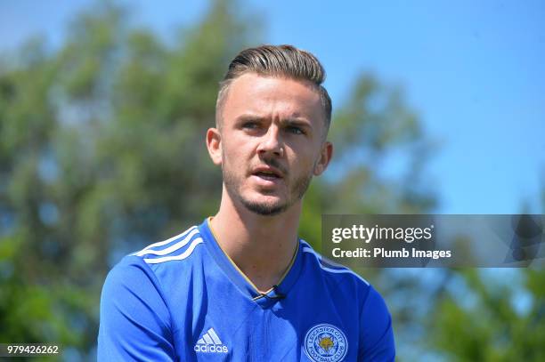 Leicester City unveil new signing James Maddison at Belvoir Drive Training Complex on June 18 , 2018 in Leicester, United Kingdom.