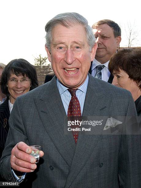 Prince Charles, Prince of Wales drinks a glass of 'Slivovice' plum brandy in the village Hostetin on March 22, 2010 in Moravia, Czech Republic....