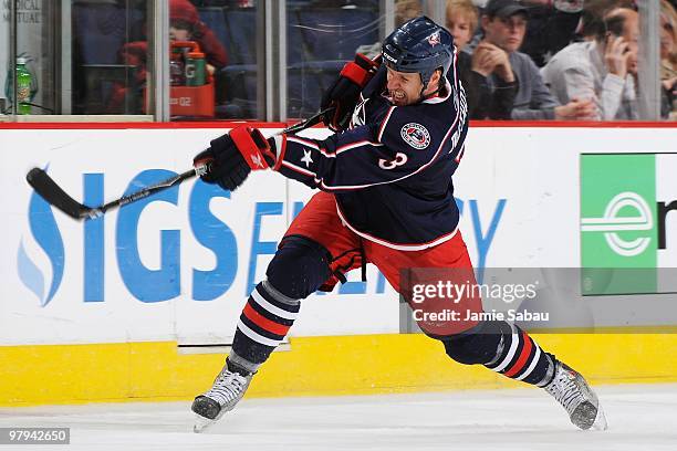 Defenseman Marc Methot of the Columbus Blue Jackets shoots the puck against the Minnesota Wild on March 19, 2010 at Nationwide Arena in Columbus,...