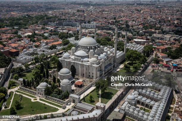 Istanbul's famous Suleymaniye Mosqueis seen during a Kaan Air helisightseeing tour on June 20, 2018 in Istanbul, Turkey. Presidential candidates from...