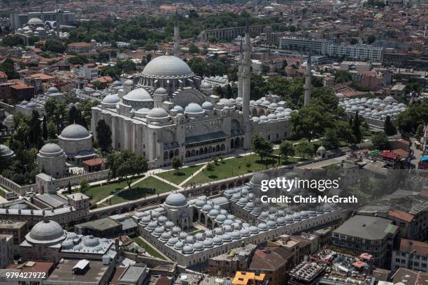 Istanbul's famous Suleymaniye Mosqueis seen during a Kaan Air helisightseeing tour on June 20, 2018 in Istanbul, Turkey. Presidential candidates from...