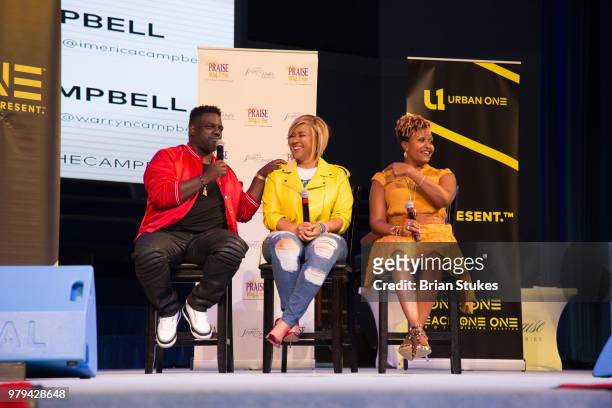 Warryn Campbell, Erica Campbell and Tia Smith attend TV One's 'We're The Campbell's' Screening at City of Praise Family Ministries on June 19, 2018...