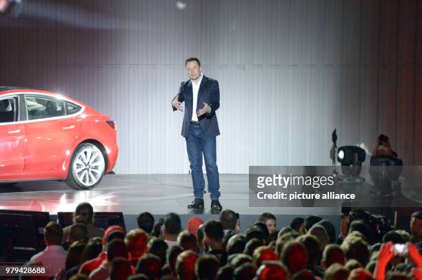 July 2017, US, Fremont: Tesla boss Elon Musk at the presentation of the first vehicle of the cheap Tesla model 3 at the Tesla factory site. Photo:...