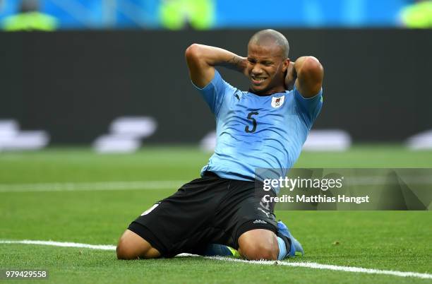 Carlos Sanchez of Uruguay reacts during the 2018 FIFA World Cup Russia group A match between Uruguay and Saudi Arabia at Rostov Arena on June 20,...