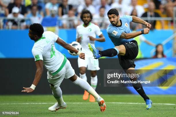 Luis Suarez of Uruguay shoots during the 2018 FIFA World Cup Russia group A match between Uruguay and Saudi Arabia at Rostov Arena on June 20, 2018...