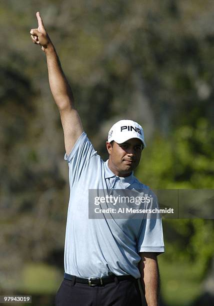 Arjun Atwan signals an errant tee shot on the seventh hole during the second round of the Bay Hill Invitational, March 19, 2004.