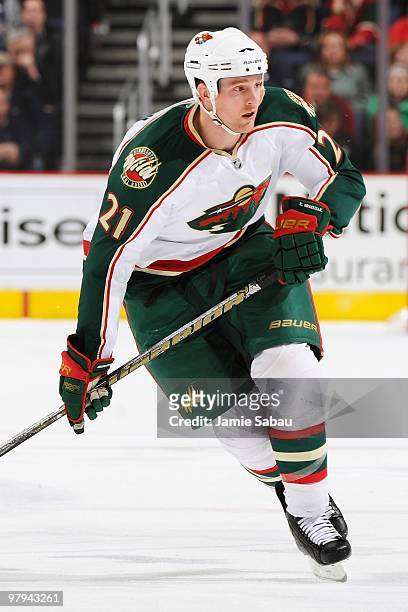 Forward Kyle Brodziak of the Minnesota Wild skates against the Columbus Blue Jackets on March 19, 2010 at Nationwide Arena in Columbus, Ohio.
